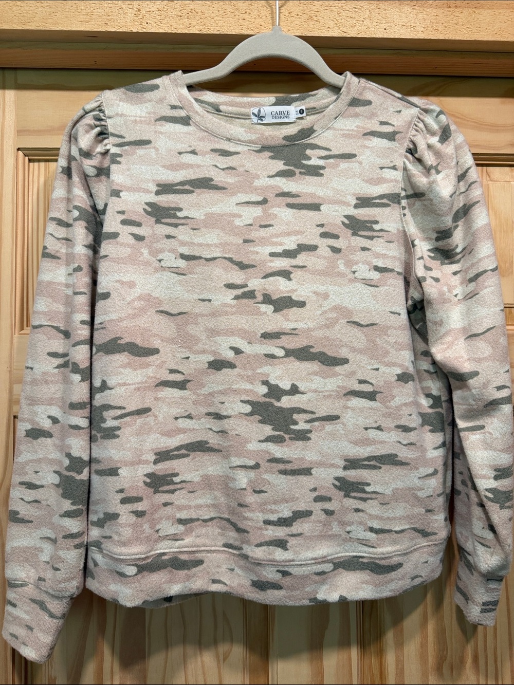 Carve Designs Women's Camo Crewneck in Pink and Green